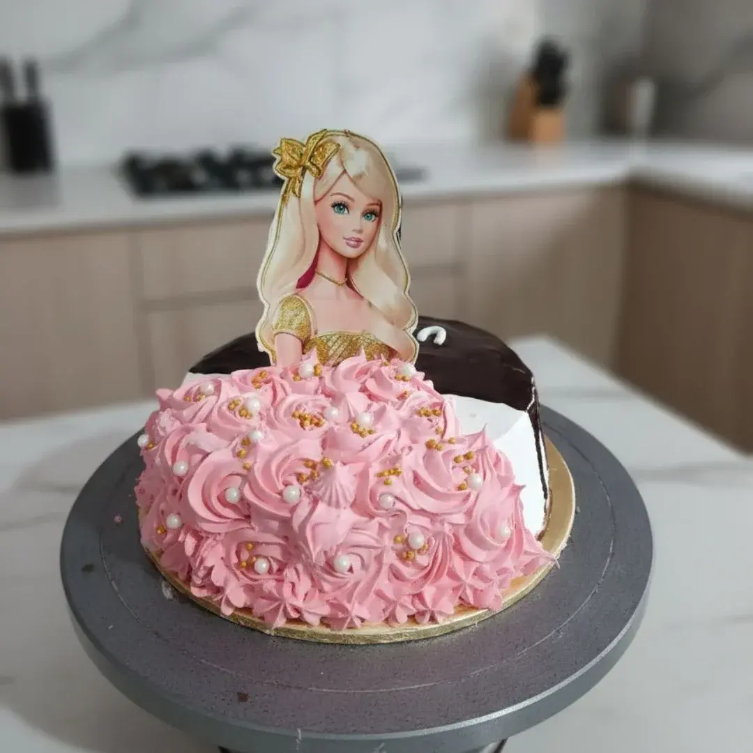 Barbie Princess Pink Rosette Cake with White & Gold Pearls