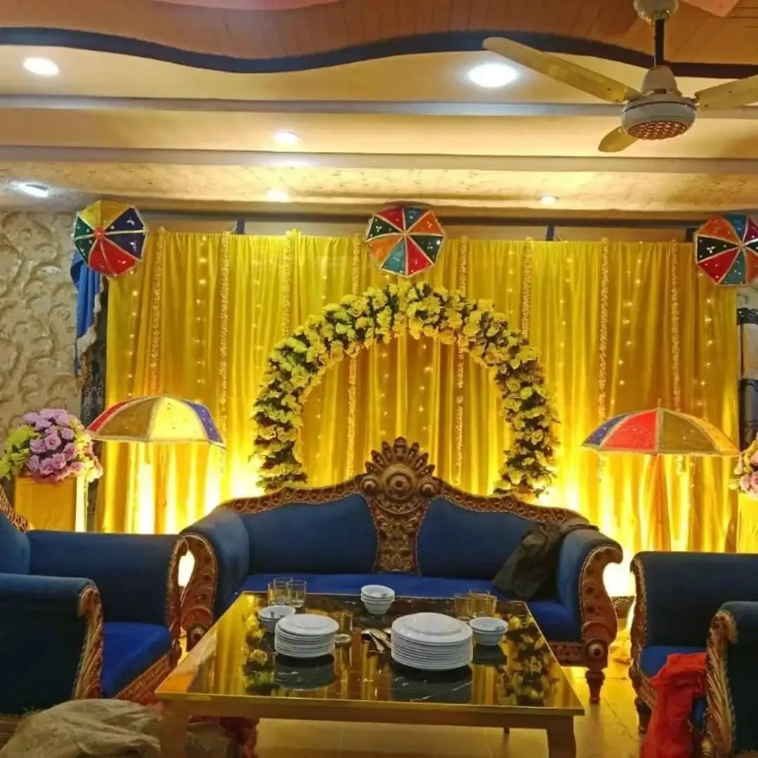 Artificial Mayon Mehndi Stage with Fairy Lights & Umbrella Props